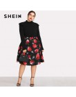 SHEIN czarny wzburzyć zdobione na ramię z długim rękawem Plus Size kobiet Slim Fit body urząd Lady jesień zima stałe body