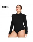 SHEIN czarny wzburzyć zdobione na ramię z długim rękawem Plus Size kobiet Slim Fit body urząd Lady jesień zima stałe body