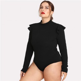 SHEIN czarny wzburzyć zdobione na ramię z długim rękawem Plus Size kobiet Slim Fit body urząd Lady jesień zima stałe body