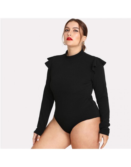 SHEIN czarny wzburzyć zdobione na ramię z długim rękawem Plus Size kobiet Slim Fit body urząd Lady jesień zima stałe body