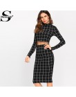 Sheinside stanąć kołnierz z długim rękawem 2 sztuka zestaw kobiety Crop siatki Top i spódnica ołówkowa damskie eleganckie panie 
