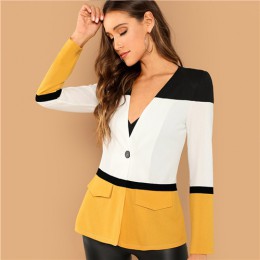 SHEIN Multicolor urząd Lady Colorblock cięcia i szycia jednego przycisku Blazer 2018 jesień elegancka odzież robocza damska płas