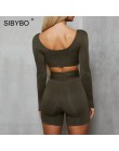 Sibybo jesień z długim rękawem dwuczęściowy zestaw kobiet kwadratowy kołnierz sznurek Sexy Crop top i szorty zestaw Backless na 