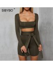 Sibybo jesień z długim rękawem dwuczęściowy zestaw kobiet kwadratowy kołnierz sznurek Sexy Crop top i szorty zestaw Backless na 