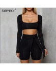 Sibybo jesień z długim rękawem dwuczęściowy zestaw kobiet kwadratowy kołnierz sznurek Sexy Crop top i szorty zestaw Backless na 