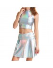 Bling srebrny holograficzny kobiety Top bez ramiączek Mini spódnice dwuczęściowy zestaw z golfem Top Sexy spódnica 2 sztuk zesta