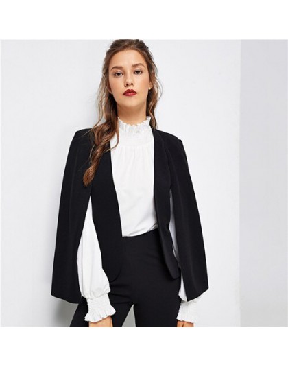 SHEIN czarny Poncho urząd Lady Streetwear płaszcz otwarta przednia Blazer 2018 jesień eleganckie nowoczesne Lady odzież robocza 