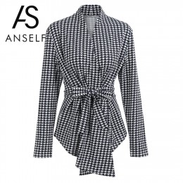 Sam 2019 Kpop Blazer kobiety Houndstooth Plaid Cardigan płaszcz z długim rękawem otwórz przednia paskiem wokół talii asymetryczn