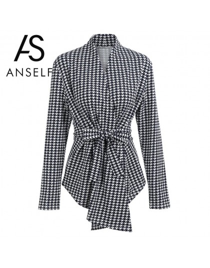 Sam 2019 Kpop Blazer kobiety Houndstooth Plaid Cardigan płaszcz z długim rękawem otwórz przednia paskiem wokół talii asymetryczn