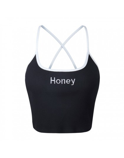 2019 lato kobiety Crop Top Sexy miód list haft Tank Tops przycięte panie Spaghetti pasek elastyczna koszula kamizelka Camisole