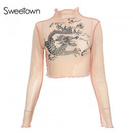 Sweetown z siatki Harajuku Crop Top z długim rękawem T koszula kobiety Kawaii smoka koszulki z nadrukami Sexy przepuszczalność z