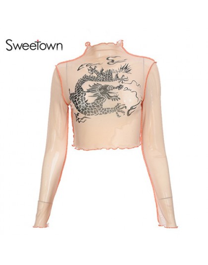 Sweetown z siatki Harajuku Crop Top z długim rękawem T koszula kobiety Kawaii smoka koszulki z nadrukami Sexy przepuszczalność z