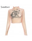 Sweetown z siatki Harajuku Crop Top z długim rękawem T koszula kobiety Kawaii smoka koszulki z nadrukami Sexy przepuszczalność z