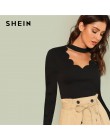 SHEIN czarny odzież robocza elegancki muszelka wykończenia stałe V Neck z długim rękawem Skinny Tee 2018 nowy jesień minimalisty