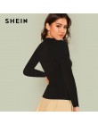 SHEIN czarny odzież robocza elegancki muszelka wykończenia stałe V Neck z długim rękawem Skinny Tee 2018 nowy jesień minimalisty
