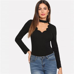 SHEIN czarny odzież robocza elegancki muszelka wykończenia stałe V Neck z długim rękawem Skinny Tee 2018 nowy jesień minimalisty