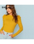 SHEIN musztarda elegancki minimalistyczny Puff rękawem żebra dzianiny stałe swetry Slim Fit Tee 2018 jesień urząd Lady kobiety k