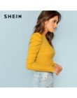 SHEIN musztarda elegancki minimalistyczny Puff rękawem żebra dzianiny stałe swetry Slim Fit Tee 2018 jesień urząd Lady kobiety k