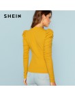 SHEIN musztarda elegancki minimalistyczny Puff rękawem żebra dzianiny stałe swetry Slim Fit Tee 2018 jesień urząd Lady kobiety k