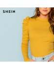 SHEIN musztarda elegancki minimalistyczny Puff rękawem żebra dzianiny stałe swetry Slim Fit Tee 2018 jesień urząd Lady kobiety k