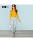 SHEIN musztarda elegancki minimalistyczny Puff rękawem żebra dzianiny stałe swetry Slim Fit Tee 2018 jesień urząd Lady kobiety k