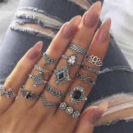 FAMSHIN 15 sztuk/zestaw moda w stylu Vintage pierścień zestaw Femme kamień srebrny Midi Finger pierścienie Boho kobiety biżuteri