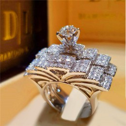 Boho kobiet kryształ biały okrągły pierścień zestaw marki luksusowe obietnica 925 srebrny pierścionek zaręczynowy pierścień Vint