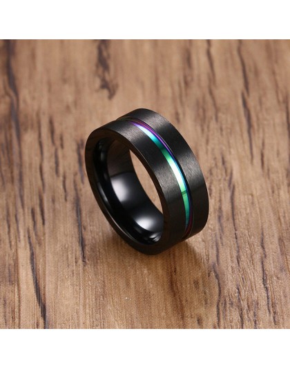 8 MM czarny tytanu pierścień dla kobiet mężczyzn obrączki Trendy Rainbow Groove pierścionki biżuteria USA rozmiar