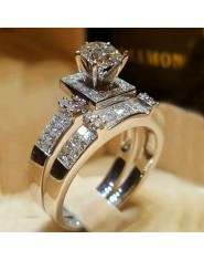 Kobiet kryształ biały okrągły pierścień zestaw luksusowych 925 srebrny pierścionek zaręczynowy pierścień Vintage obrączki ślubne