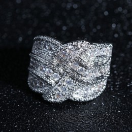 Luksusowy pierścień z cyrkoniami i kamieniami modna obrączka ślubna srebrna