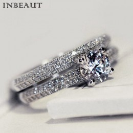 INBEAUT kobiety Wedding Ring musujące idealne okrągły Cut cyrkon kamień pierścionki kobiet Party biżuteria 2 kolor srebro i różo