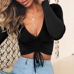 Forefair V Neck Sexy z długim rękawem Crop topy kobiety jesień Ruched koronki Up koszulka casual koszula czarne zimowe koszule d