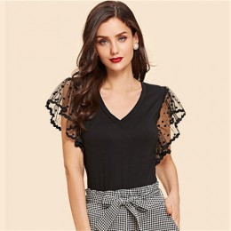 SHEIN w stylu Vintage czarny Dot kontrast Mesh rękaw, dekolt V zwykły Tee koszulka damska lato elegancki solidna z krótkim rękaw