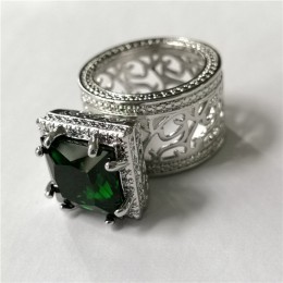 Duże ciemne zielony kamień pierścionki dla kobiet prezent ślubny srebrne pierścienie mężczyźni księżniczka luksusowe biżuteria B