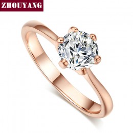 ZHOUYANG ślub pierścień dla kobiet różowe złoto kolor sześć Claw cyrkonia okrągły Cut 1 Carat 6mm moda biżuteria r013 R014