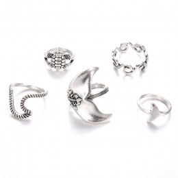 BOYULIGE 5 sztuk/zestaw w stylu Vintage pierścionki dla kobiet Boho geometryczny srebrny Turtle ogon wieloryba fale pierścień ze