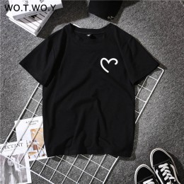 WOTWOY śmieszne serce drukuj letnia koszulka kobiety czarny biały kobiet T-shirt bawełna 2018 najnowszy T-shirt Femme Harajuku S