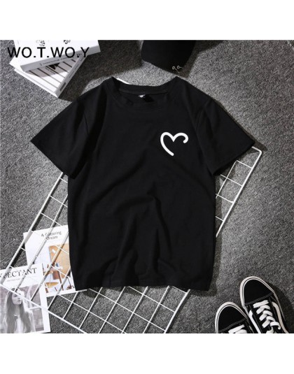 WOTWOY śmieszne serce drukuj letnia koszulka kobiety czarny biały kobiet T-shirt bawełna 2018 najnowszy T-shirt Femme Harajuku S