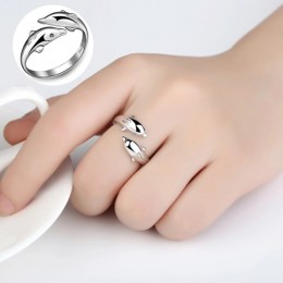 Podwójne delfin srebrny kolor regulowane pierścienie dla kobiet moda śliczne Party urok pierścień dla kobiet pierścionek zaręczy