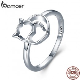 BAMOER autentyczne 100% 925 Sterling Silver niegrzeczny mały kot i serce Ring Finger dla kobiet srebro biżuteria prezent SCR104