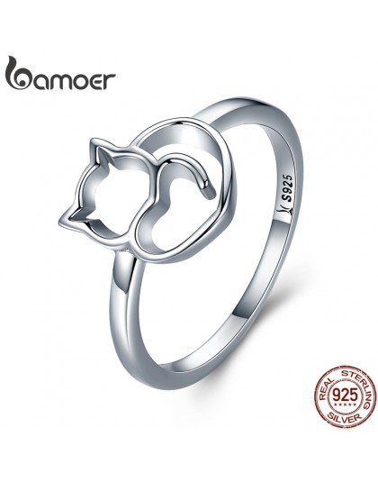 BAMOER autentyczne 100% 925 Sterling Silver niegrzeczny mały kot i serce Ring Finger dla kobiet srebro biżuteria prezent SCR104