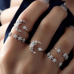 Biały kryształ rzeźba pierścień 5 sztuk srebrny kolor serce pierścień zestaw kropla kryształ regulowany midi pierścień anillos a