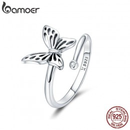 BAMOER autentyczne 925 Sterling Silver Vintage motyl regulowany ślub zaręczyny Finger pierścienie dla kobiet pierścień biżuteria