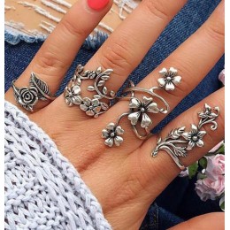 Nowy Antique srebrny kolor 4 sztuk/zestaw Punk kwiaty liście Hollow Rose srebrny pierścień zestaw kobiety Glamour Party biżuteri