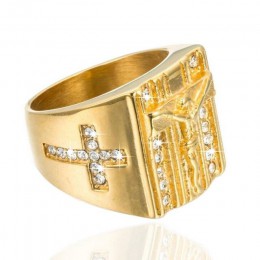 Fooderwerk biżuteria jezus krzyż biała cyrkonia sześcienna pierścień dla mężczyzn złoty Tone ze stali nierdzewnej krzyż CZ zespó