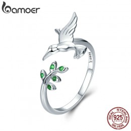 BAMOER autentyczne 925 Sterling Silver ptak i wiosna liście drzewa otwarty rozmiar Finger pierścienie dla kobiet srebro biżuteri