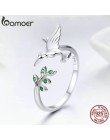 BAMOER autentyczne 925 Sterling Silver ptak i wiosna liście drzewa otwarty rozmiar Finger pierścienie dla kobiet srebro biżuteri