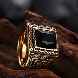 Plac czarny kamień mężczyźni pierścień uszczelniający sygnet złoty kolor klasyczny Wedding Band męskie pierścienie tytanowa stal