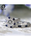 Moda 2 sztuk/zestaw luksusowe niebieski Wedding Ring dla kobiet srebrny poszycia cyrkon pierścień biżuteria