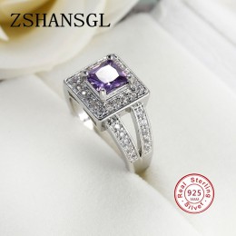 925 Sterling Sliver palec pierścień dla pani betonowa fioletowy CZ luksusowe hot księżniczka kobiety ślub zaręczyny pierścień fi
